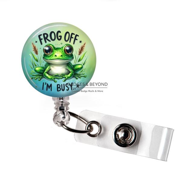 Handmade Accessories - 🐸😏 Frog Off I'm Busy Badge Reel | Funny Retractable ID Name Tag Holder